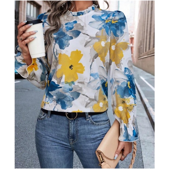 BellanBlue Tops - 022 Boho Floral Print Frill neck Long Sleeve Blouse
